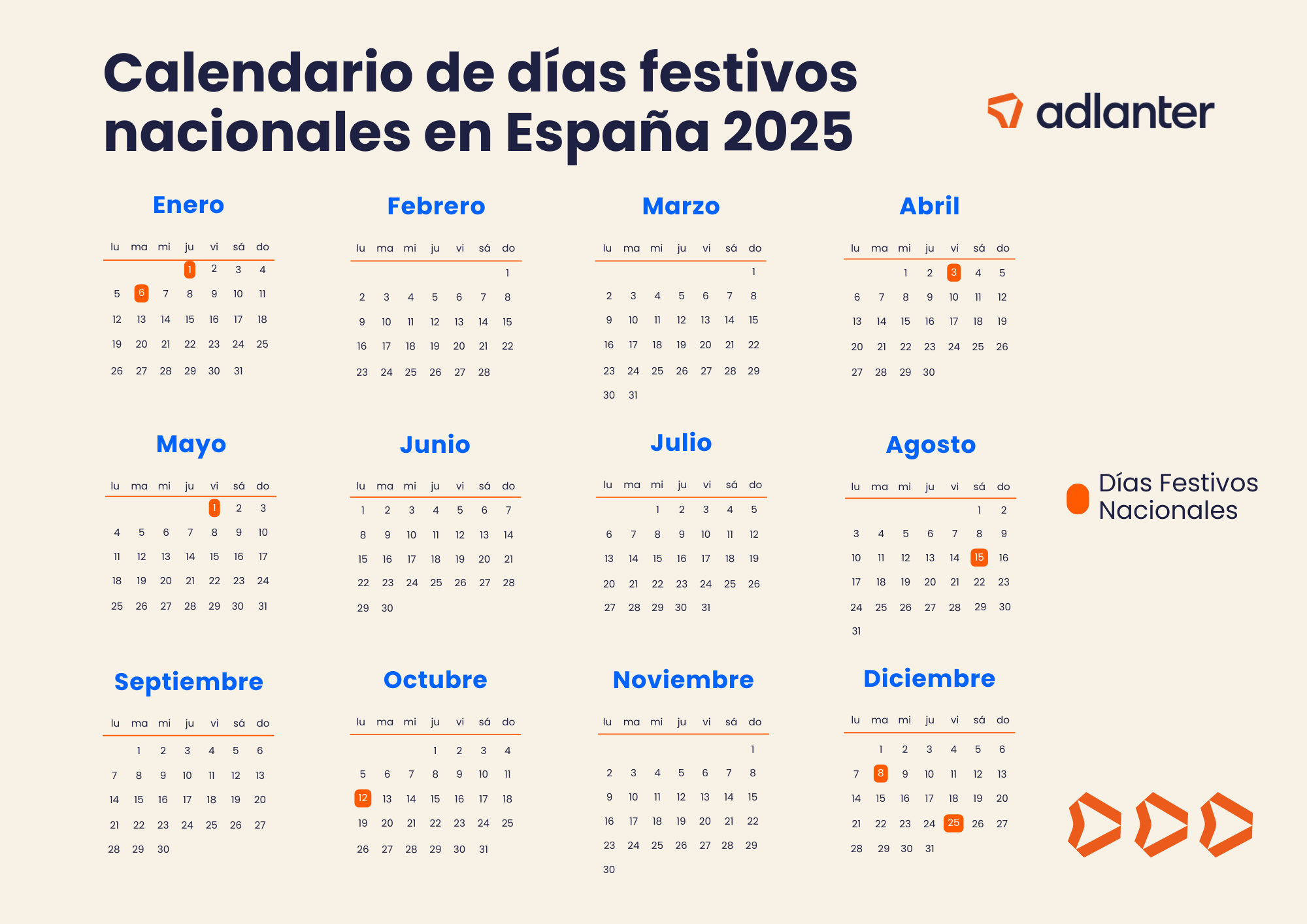 Calendario días festivos nacionales España 2026